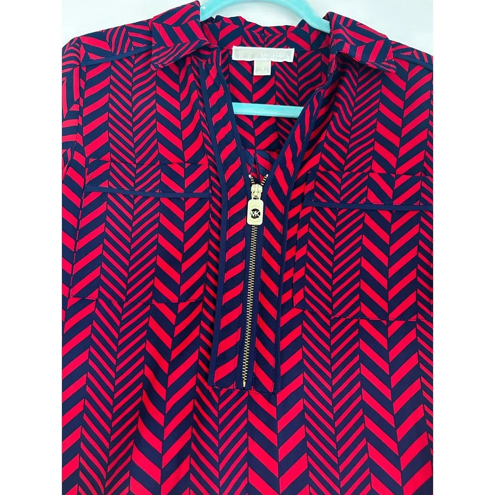 Michael Michael Kors Red Navy‎ Chevron Half Zip Roll Tab Sleeve Blouse Small